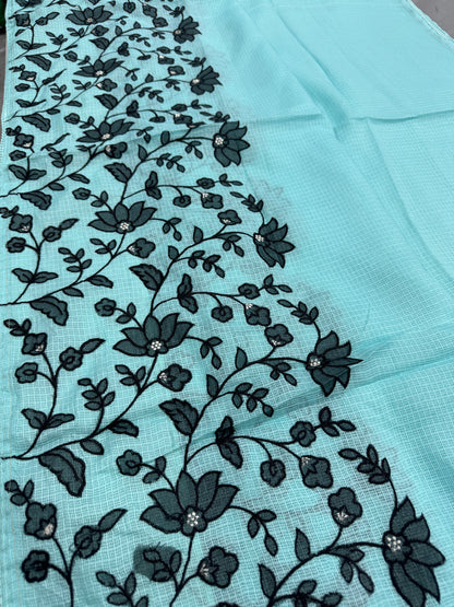 Dhriti | Turquoise Blue & Black Semi Kota Silk Saree | Artistic Floral Appliqué image 7