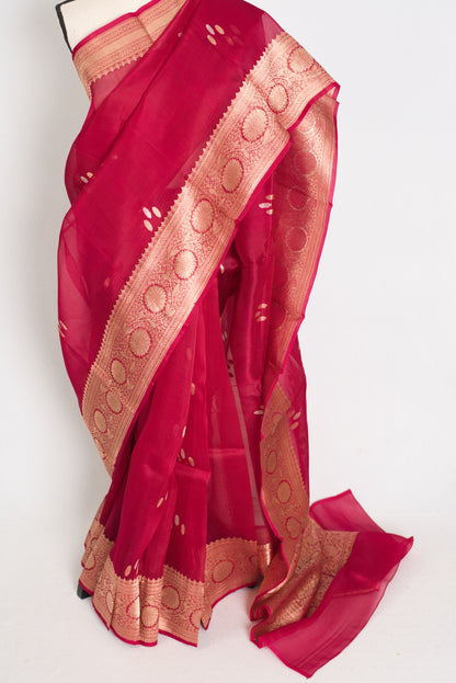 Noor : Silk Mark Certified Reddish Pinkish Red Organza Banarasi Saree with Gold image 3