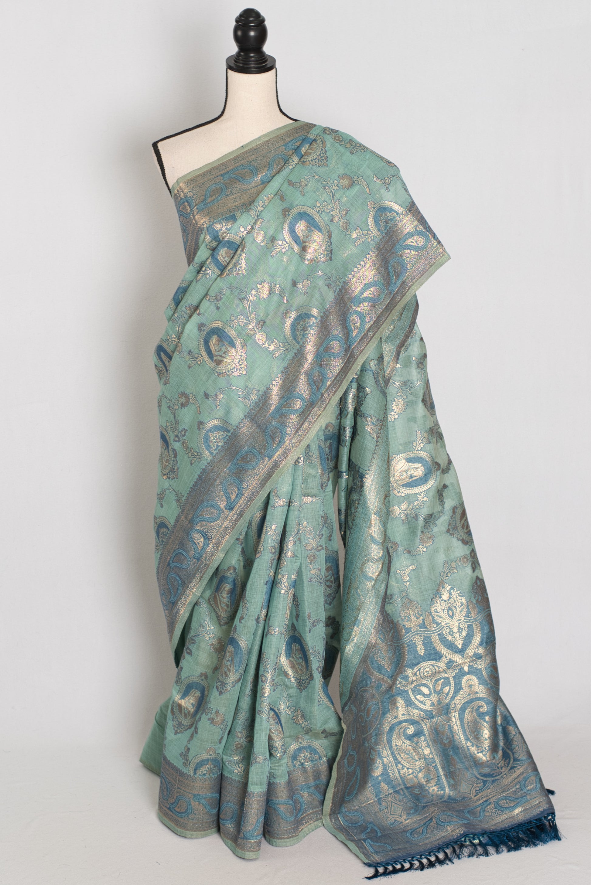 Mira | Pastel Blue Blended Cotton Saree | Traditional Baluchari Motifs image 0