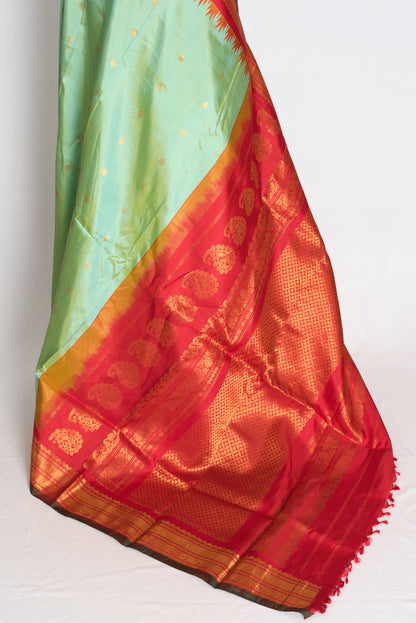 Girija : Sea Green and Red Handwoven Pure Gadwal Silk Saree image 3