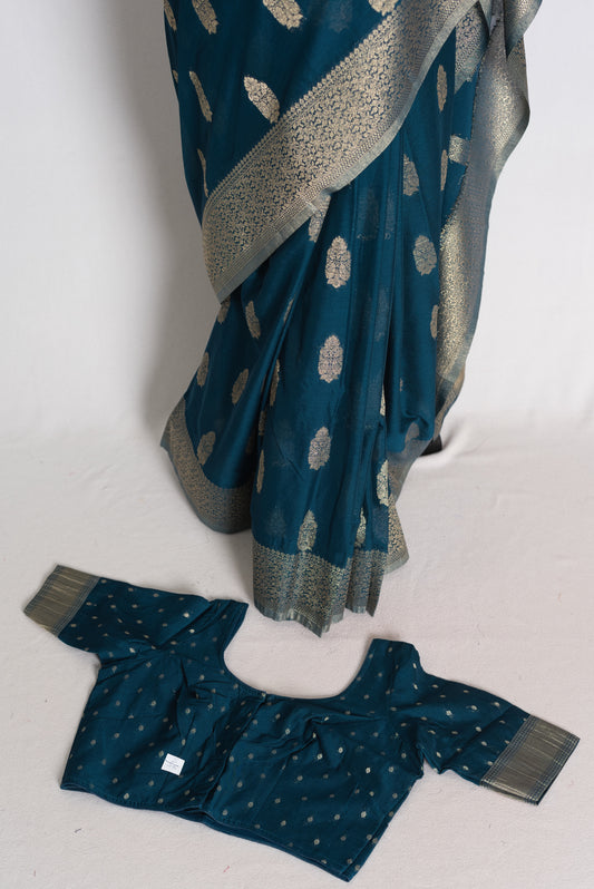 Ila: Blue Semi Georgette Banarasi Saree with 36 Size Stitched Blouse image 1