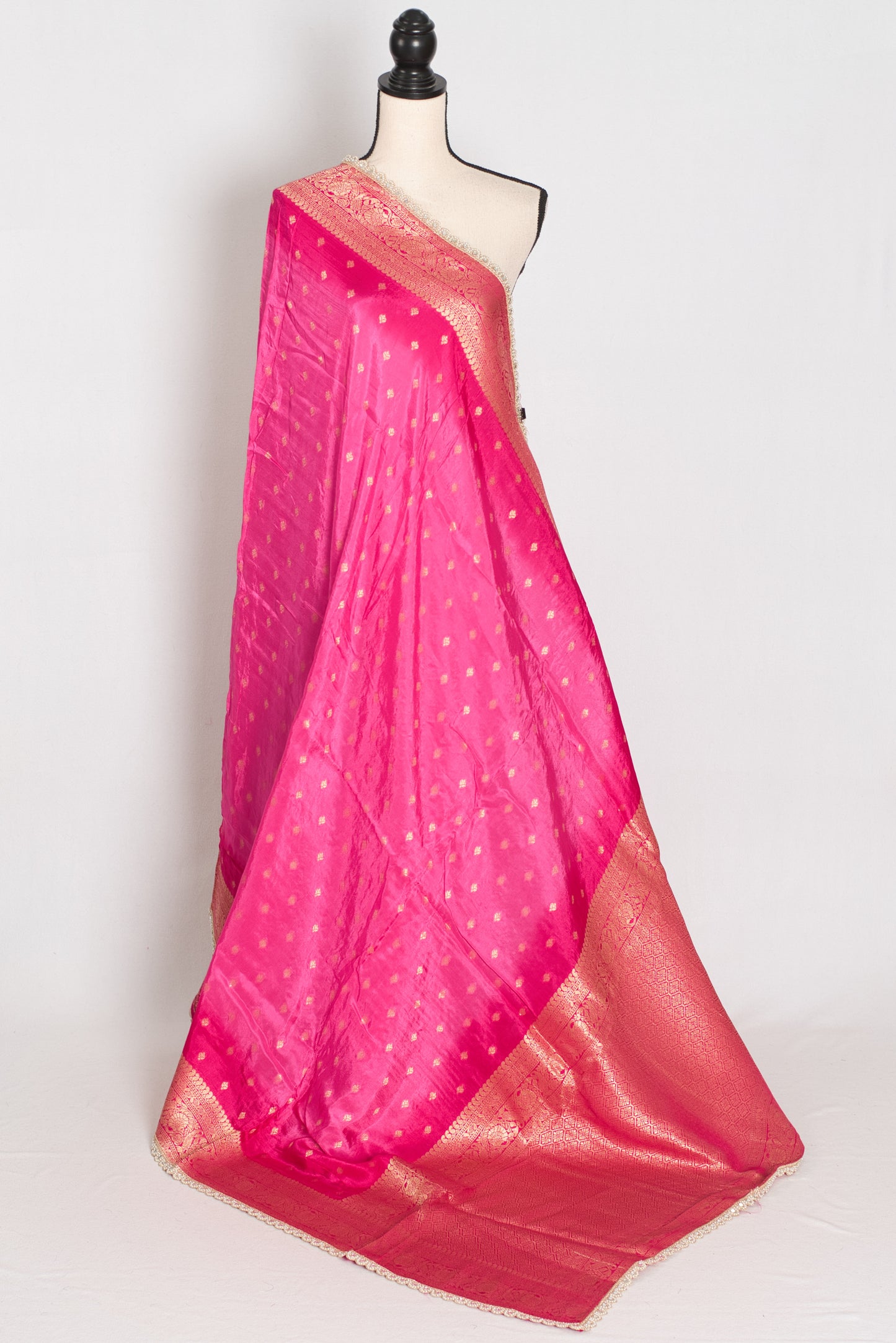 Abira | Pink & Gold Dola Silk Banarasi Saree | Designer Stitched Lace Border image 2