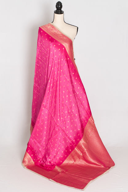 Abira | Pink & Gold Dola Silk Banarasi Saree | Designer Stitched Lace Border image 2