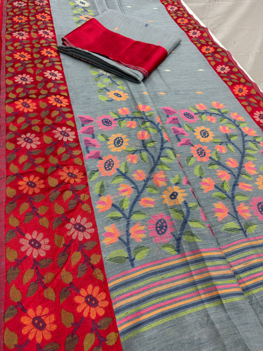 Bidisha | Grey & Red Semi Matka Tussar Jamdani Saree image 1