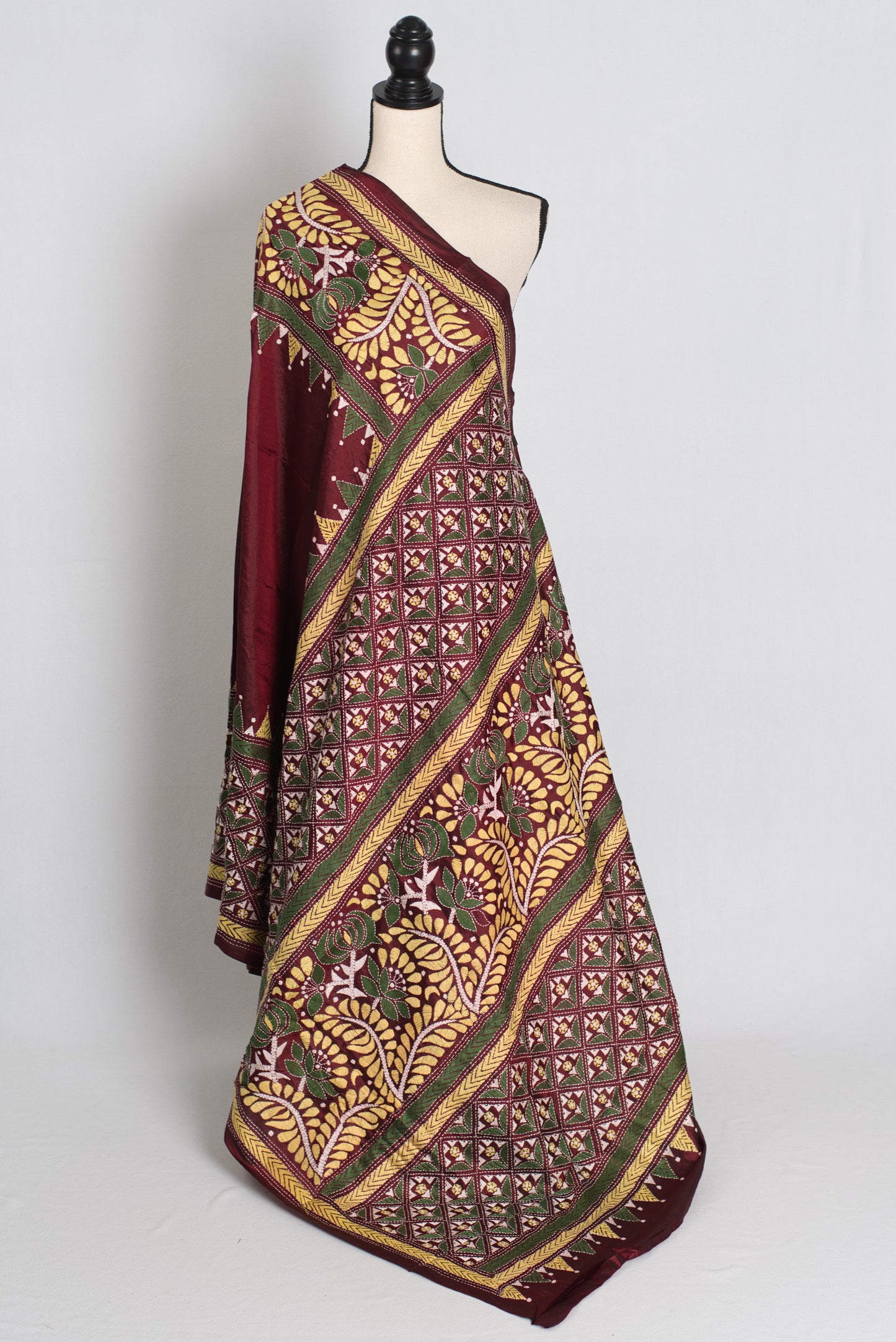 Bina : Dark Red Silk Mark Certified Hand Embroidery Kantha Stitch Saree image 1