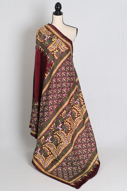 Bina : Dark Red Silk Mark Certified Hand Embroidery Kantha Stitch Saree image 1