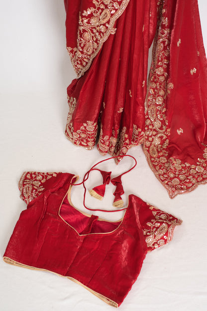 Roshni | Bright Red Tissue Saree | Pre-Stitched Size 40 Blouse image 2