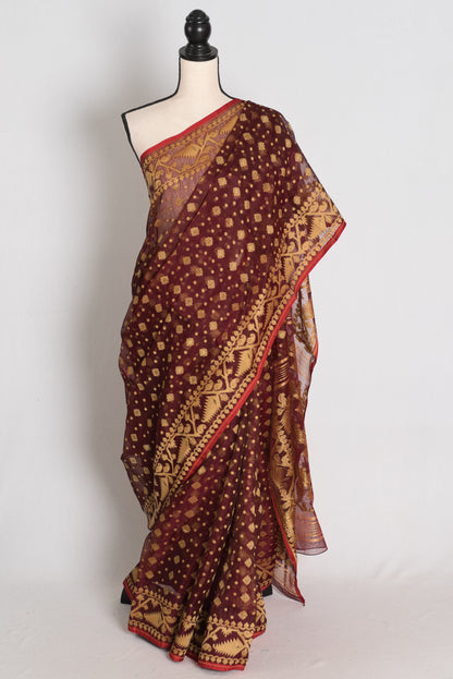 Gayetri : Maroon and Beige Soft Blended Cotton Jamdani Saree with Red Salvage image 0