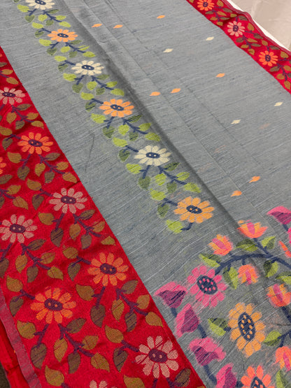 Bidisha | Grey & Red Semi Matka Tussar Jamdani Saree image 2