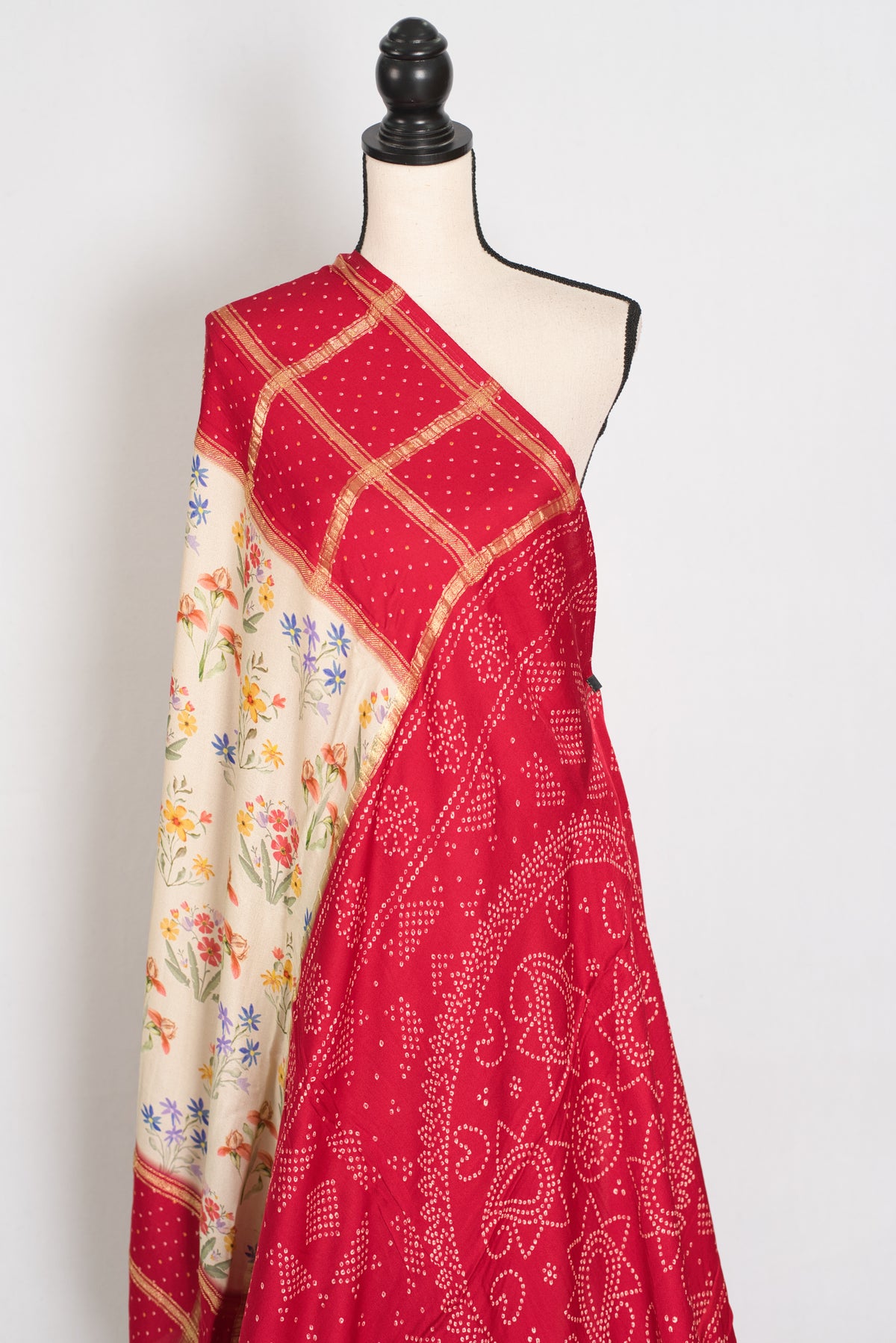 Mehuli | Cream & Rosy Red Modal Silk Saree | Gharchola & Bandhani Print image 4