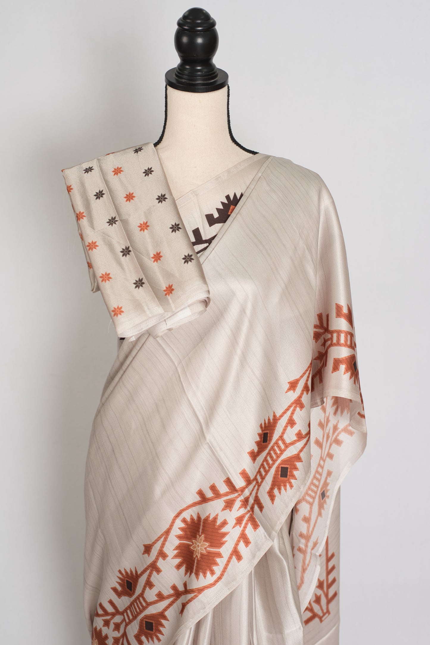 Rita | Cement White Soft Satin Saree with Traditional Kolka Prints image 2