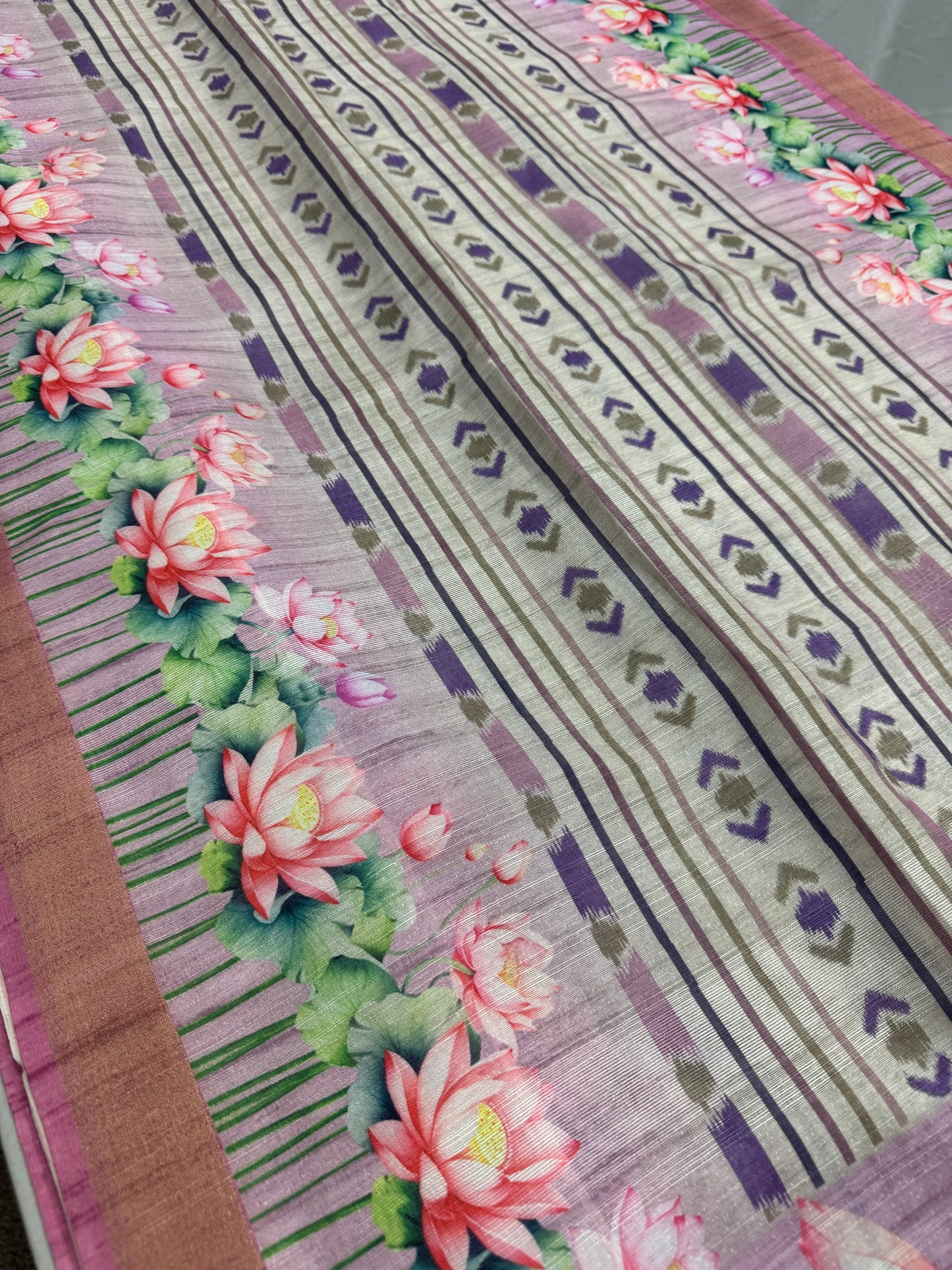 Rai | Off White & Lavender Ikkat Fusion Semi Tussar Saree image 6