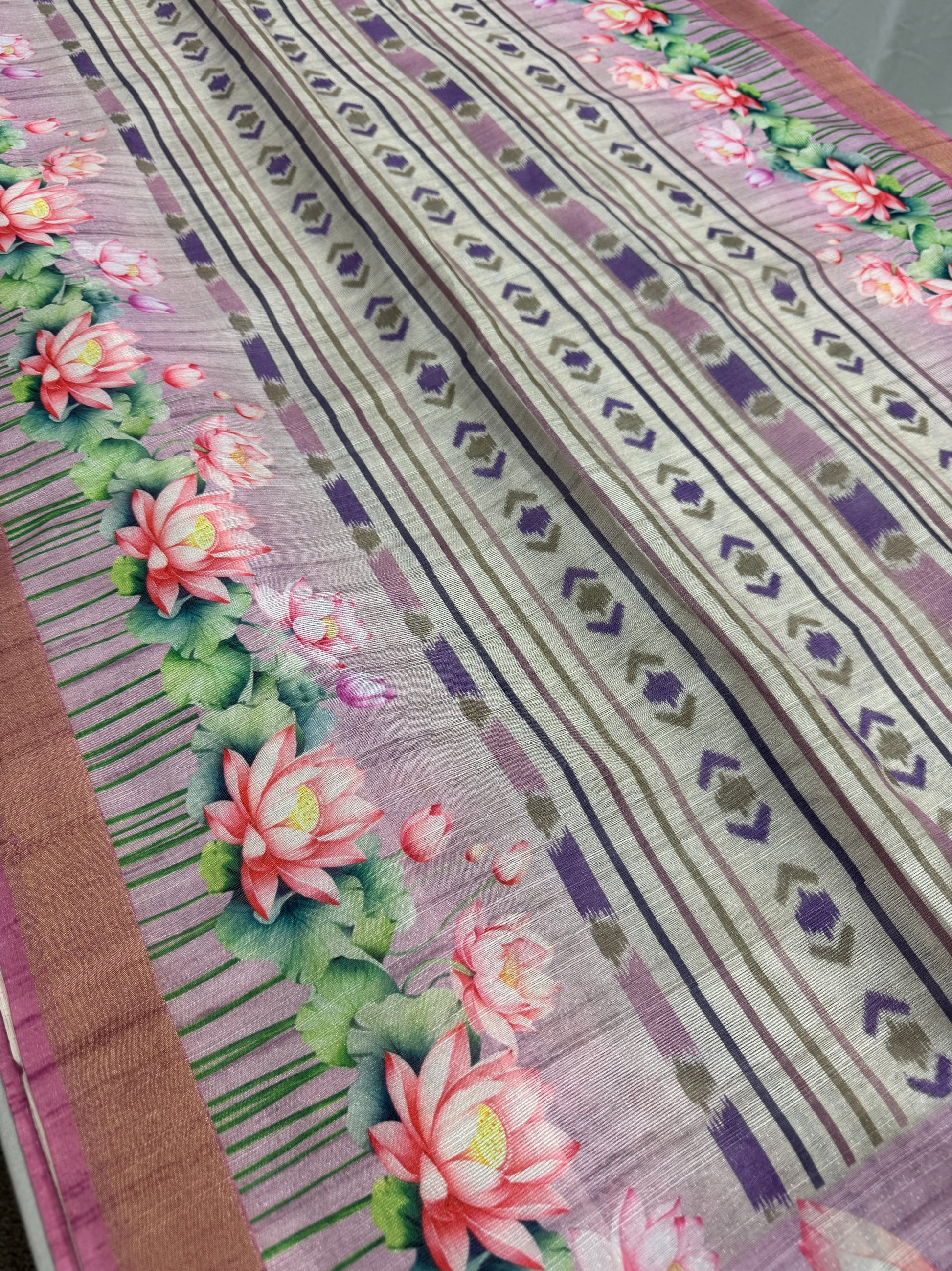 Rai | Off White & Lavender Ikkat Fusion Semi Tussar Saree image 6