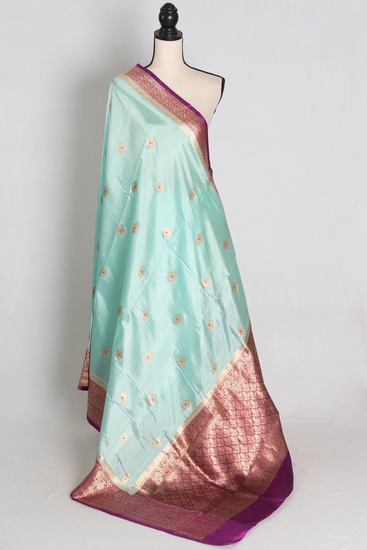 Turquoise Blue and Purple Banarasi saree — front view