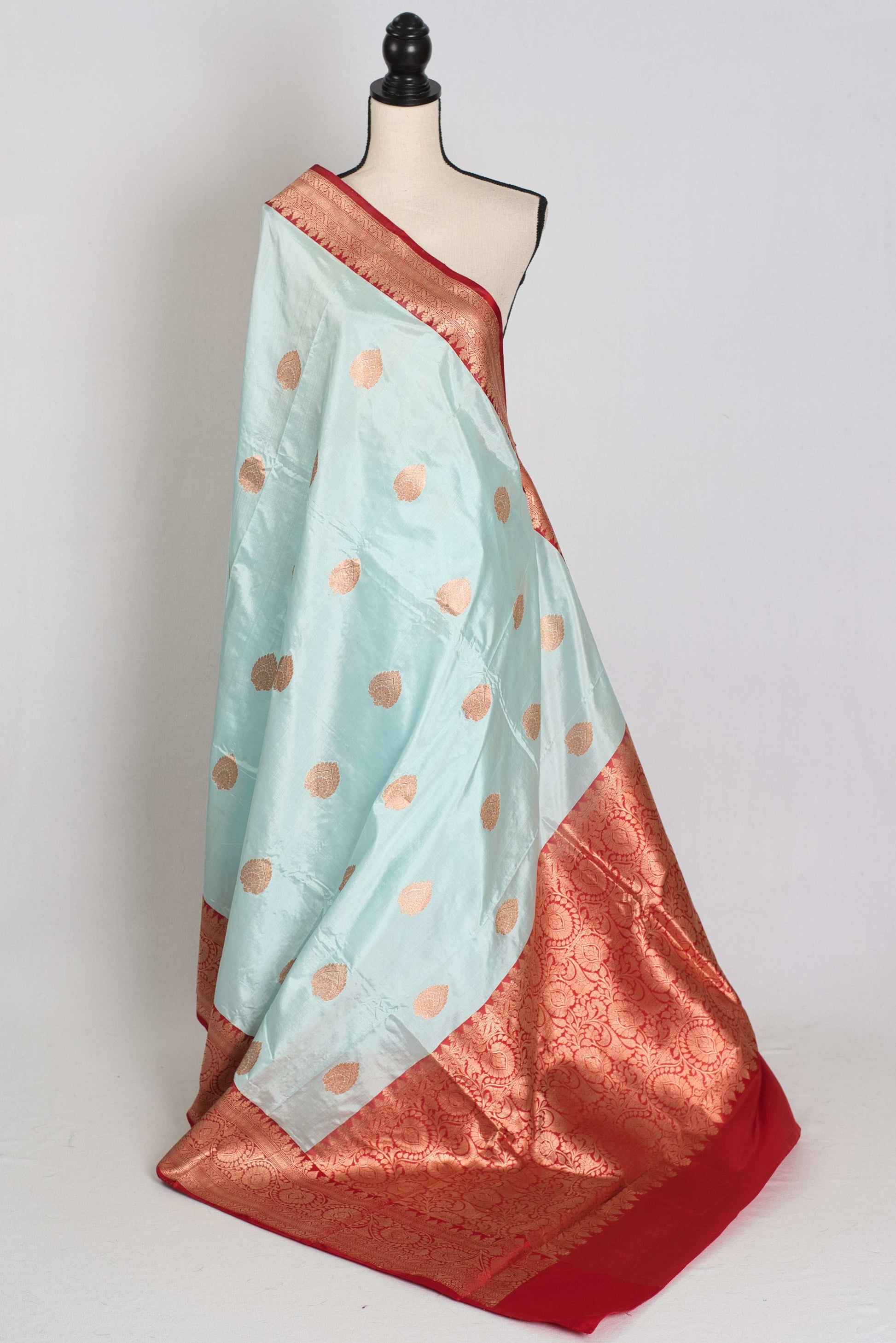 Madhavi : Certified Katan Silk Banarasi Saree in Sky Blue and Red image 1