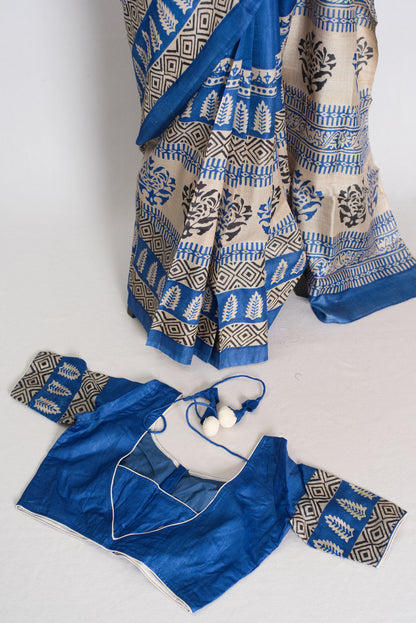 Mati Blue and White Hand Block Printed Tussar Silk Saree with 38 Size Blouse image 2