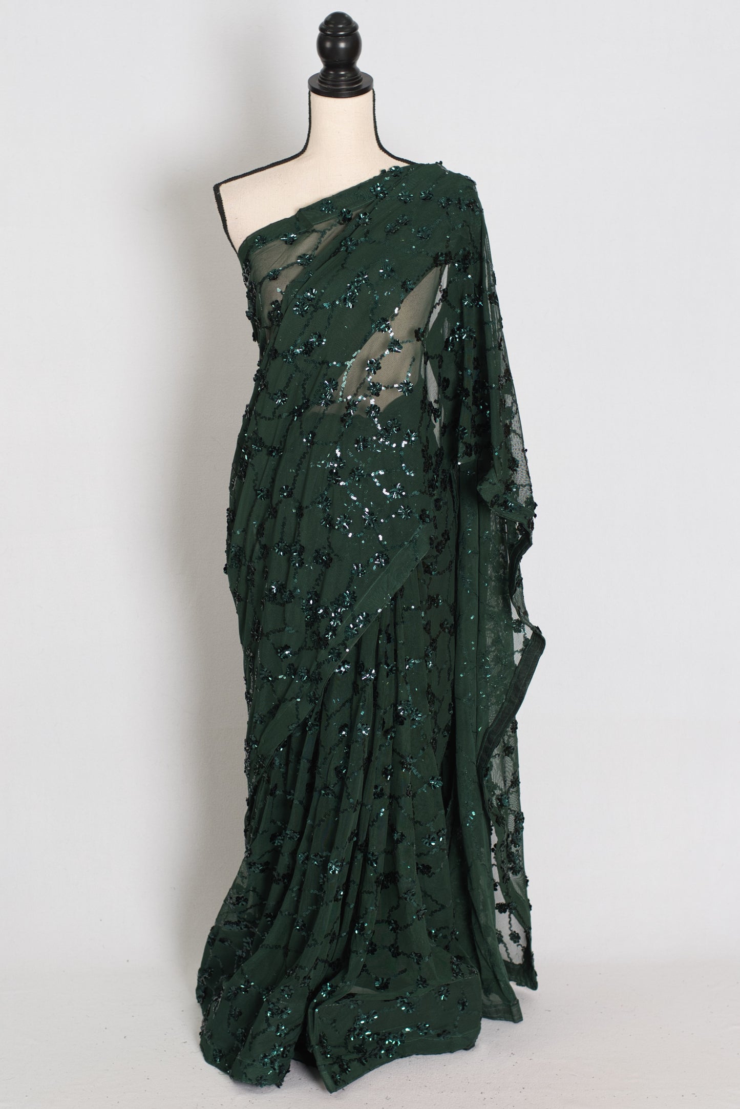 Gia | Bottle Green Soft Net Sequin Saree | Glamorous Evening Cocktail Partywear image 0