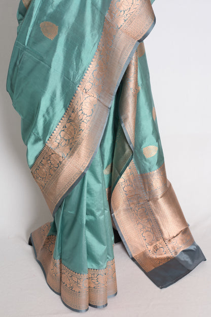 Uma: Pastel Green and Grey Banarasi Silk Saree with Blouse Piece image 5