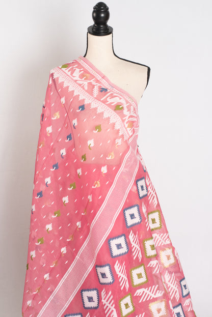 Sreya : Pink and White Blended Soft Cotton Jamdani Bengali Saree image 3