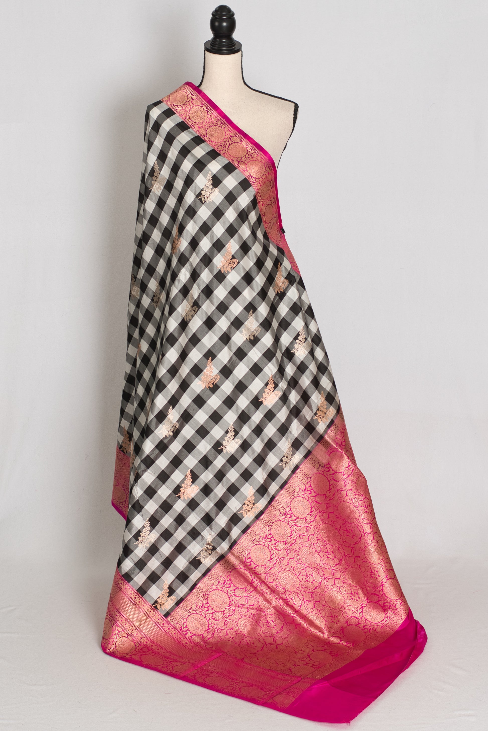 Priyanka :Black and White Checks Katan Silk Banarasi Saree | Silk Mark Certified image 1