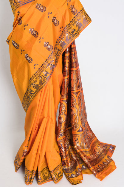 Bidisha : Traditional Baluchari Silk Saree from Bengal in Orange image 5