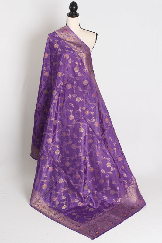 Amrita : Semi Crepe Silk Jaal Banarasi Saree in Purple and Gold image 1