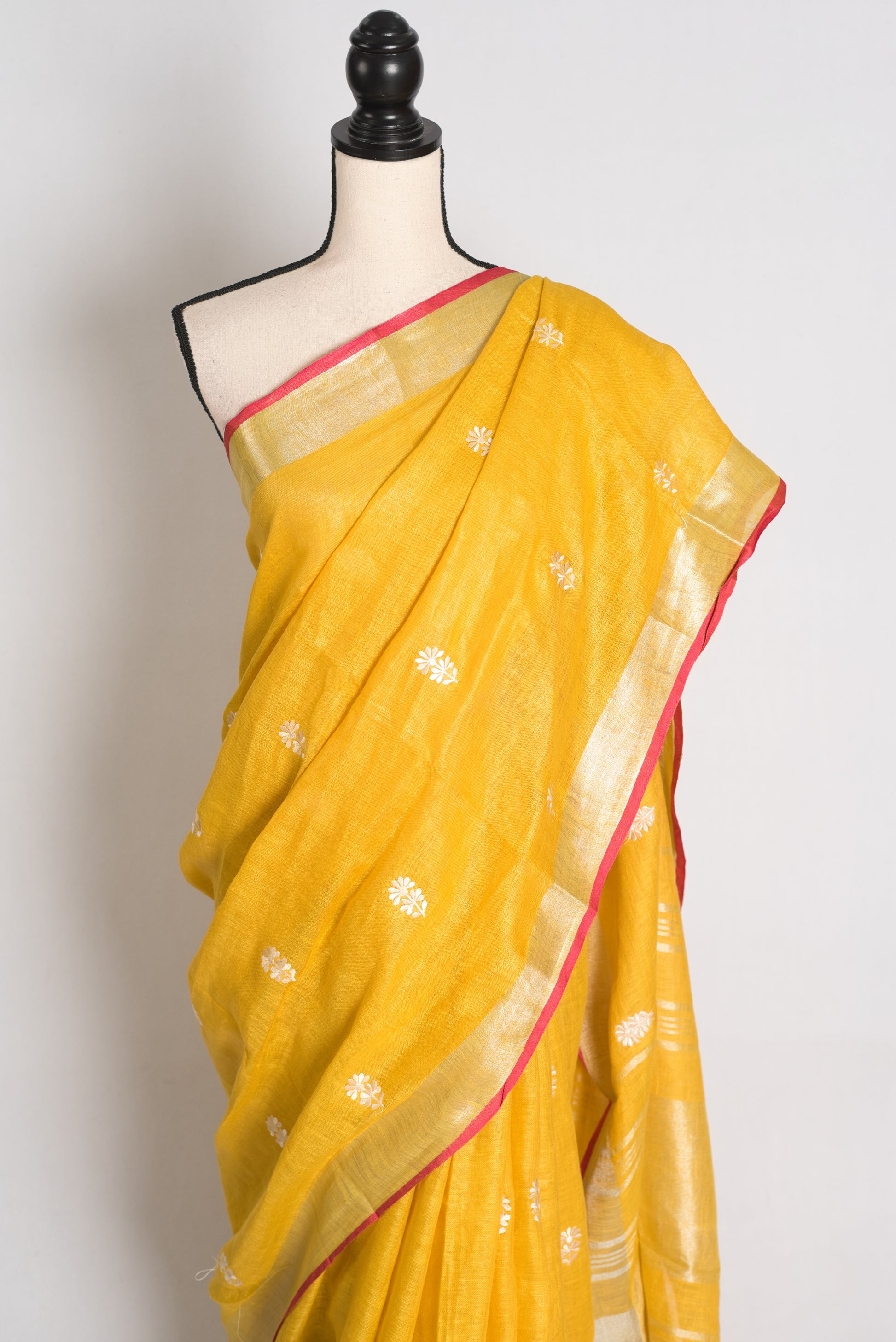 Diya : Yellow Machine Embroidered Pure Linen Saree with Silver Zari Border image 5