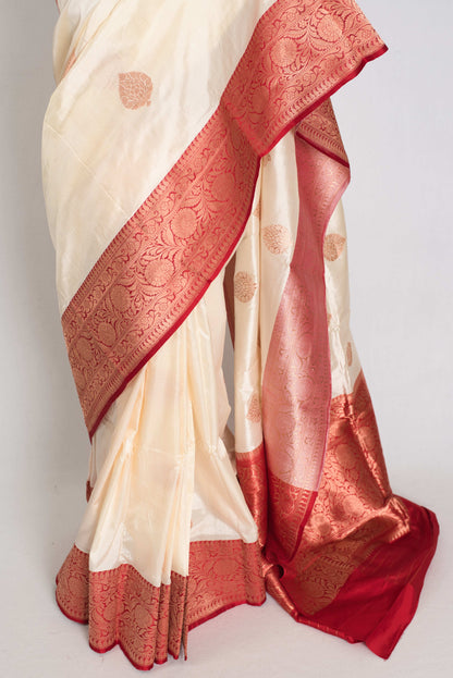 Bani : Certified Katan Silk Banarasi Saree in Cream and Red image 5