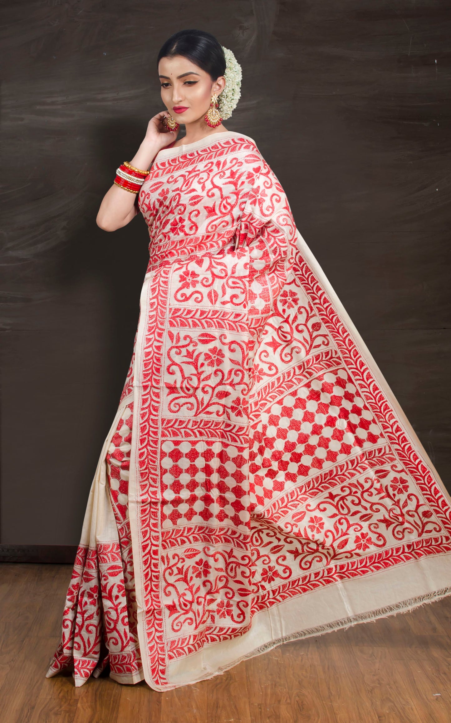 Ahiri | Beige and Red Kantha Stitch Gachi Tussar Silk Saree image 1