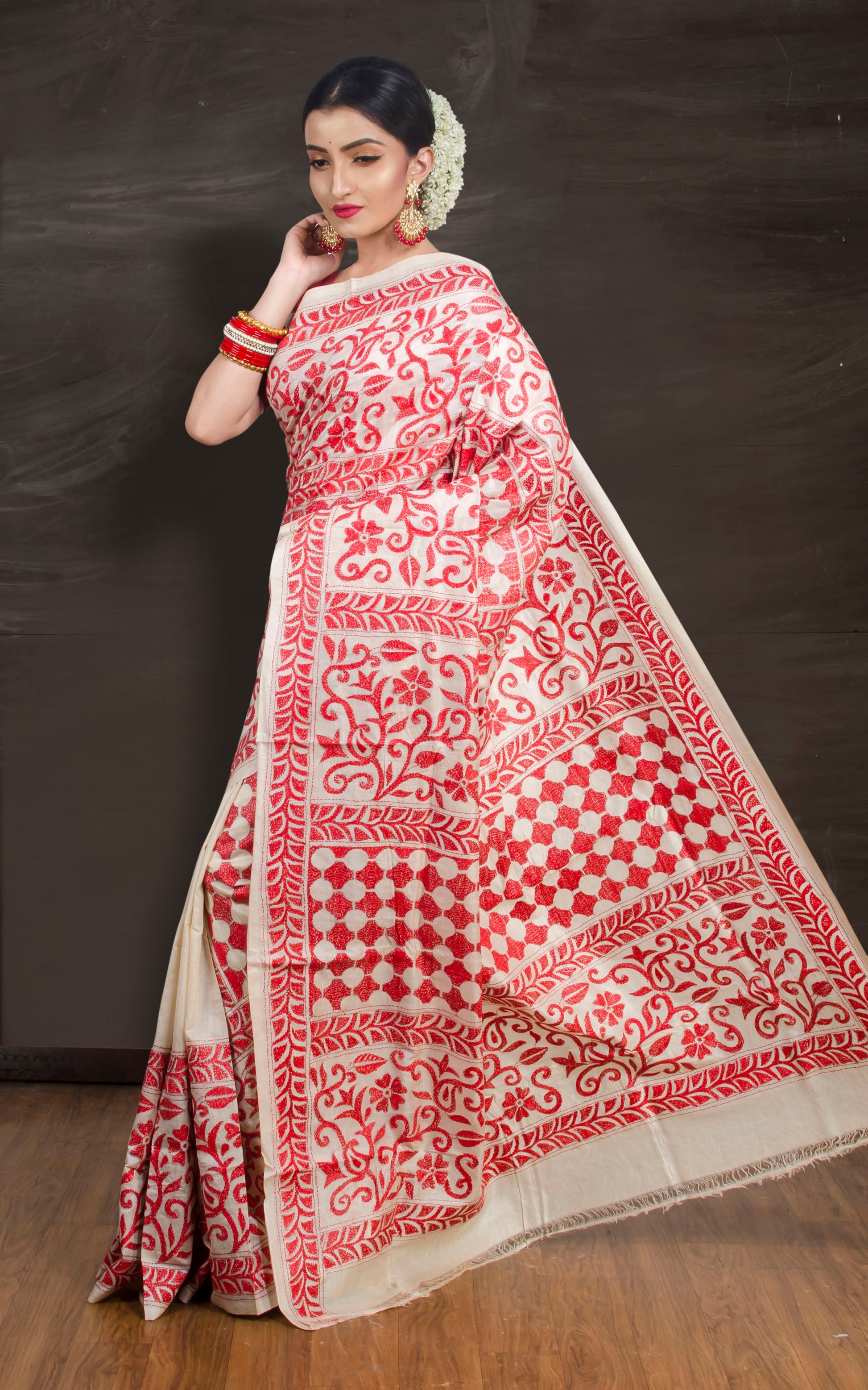 Ahiri | Beige and Red Kantha Stitch Gachi Tussar Silk Saree image 1