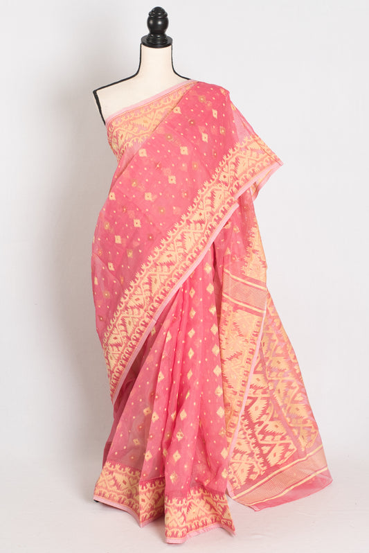 Prerna : Blended Soft Cotton Jamdani Bengali Saree in Pink and Yellow image 0
