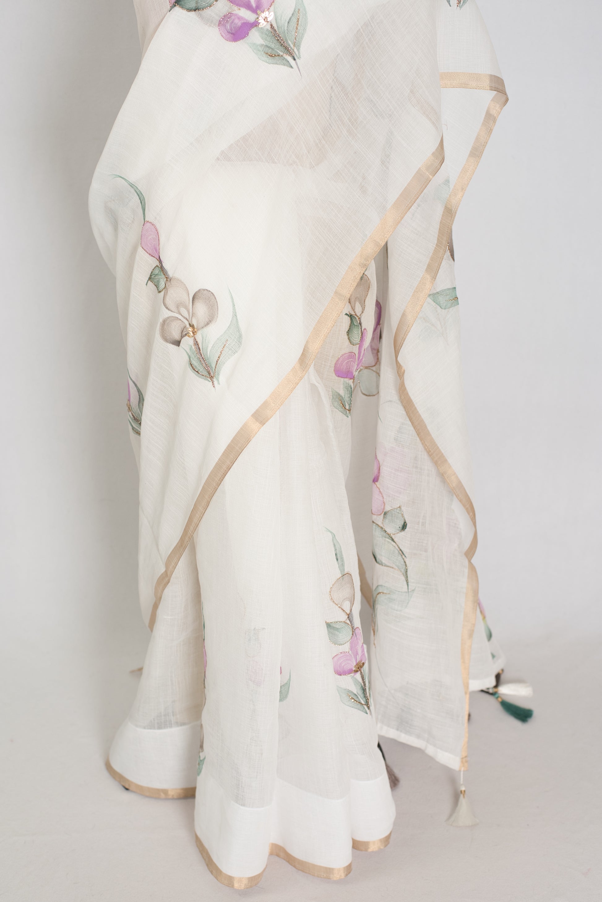 Sree | White Hand-Painted Cotton Saree | Floral Embroidery Highlights image 6