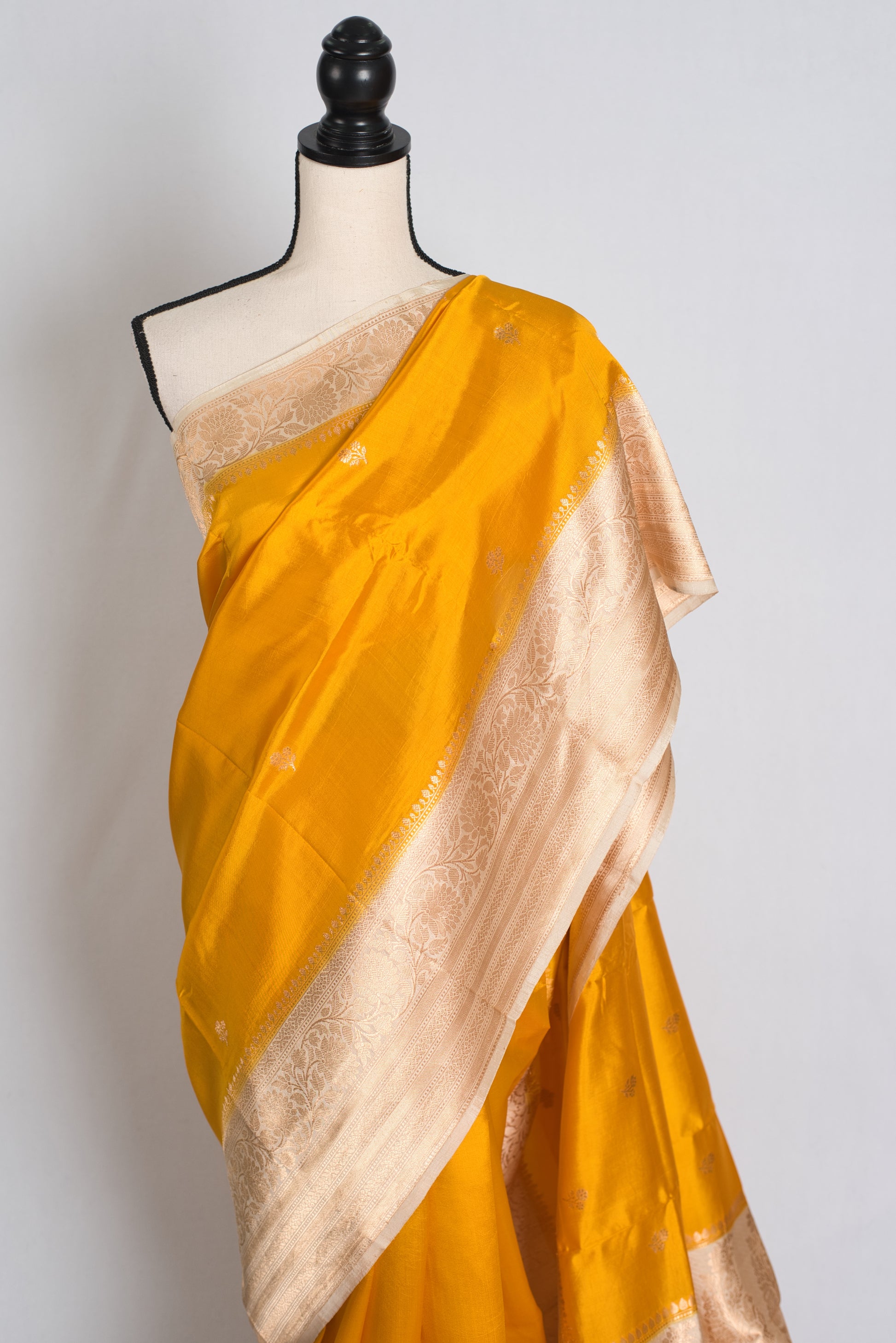 Swarnima : Silk Mark Certified Golden Yellow and Cream Satin Silk Banarasi Saree image 5