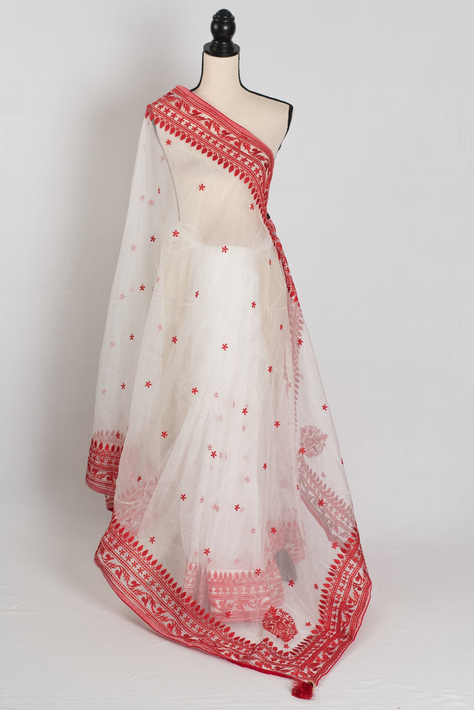 Noor : White and Red Semi Organza Embroidery Designer Saree image 1