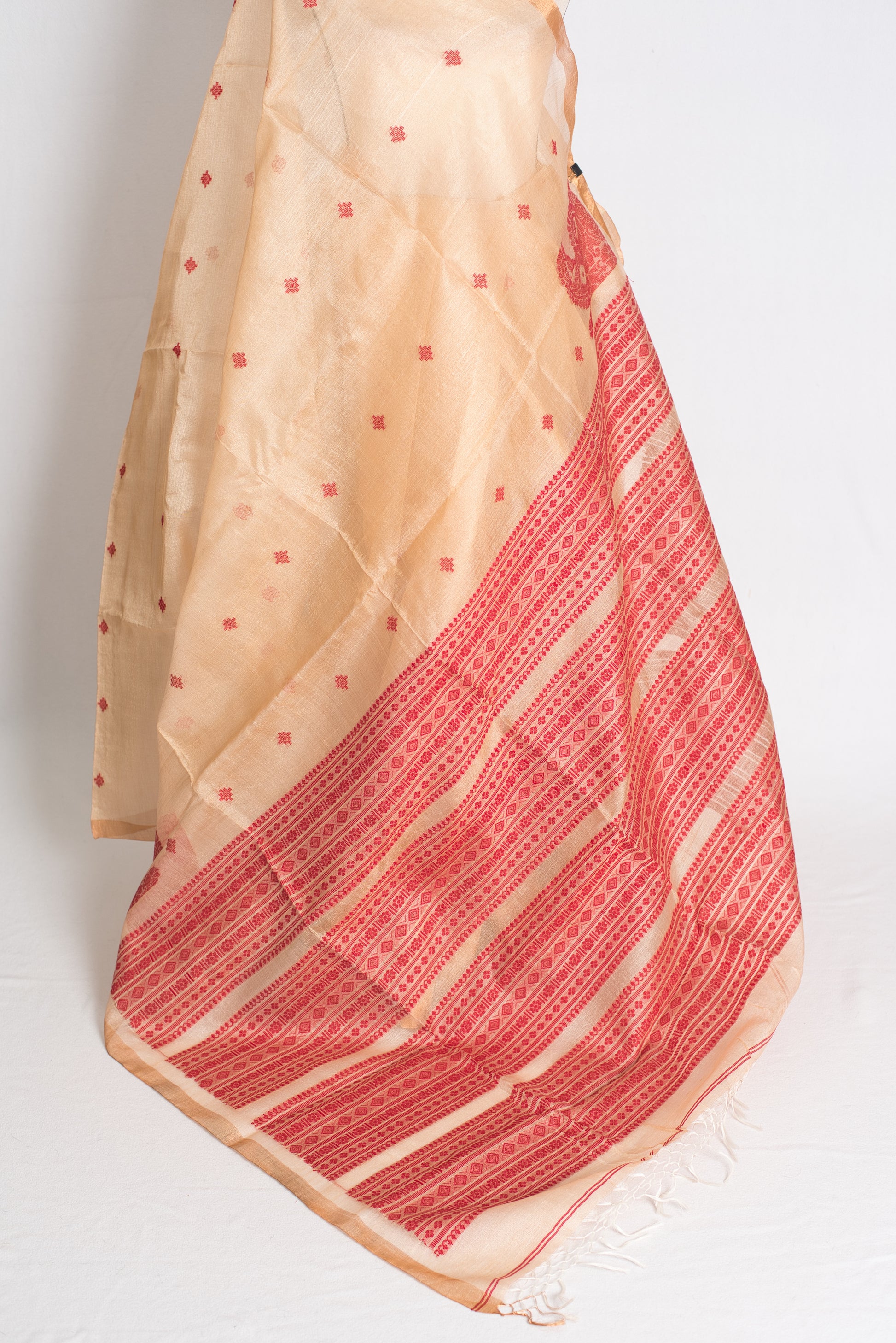 Anwesha : Bengal Handloom Tussar Silk Saree in Beige and Red image 3