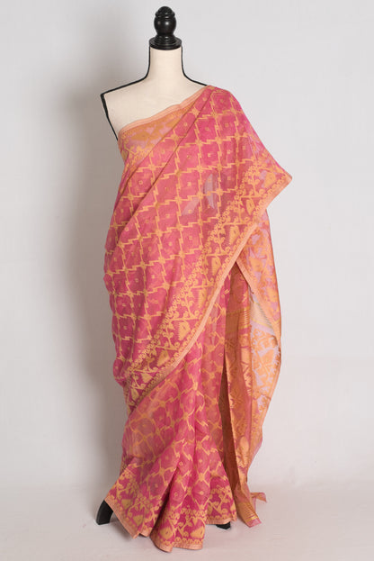 Diya : Pink and Beige Dual-Shade Soft Cotton Blend Bengali Jamdani Saree image 0
