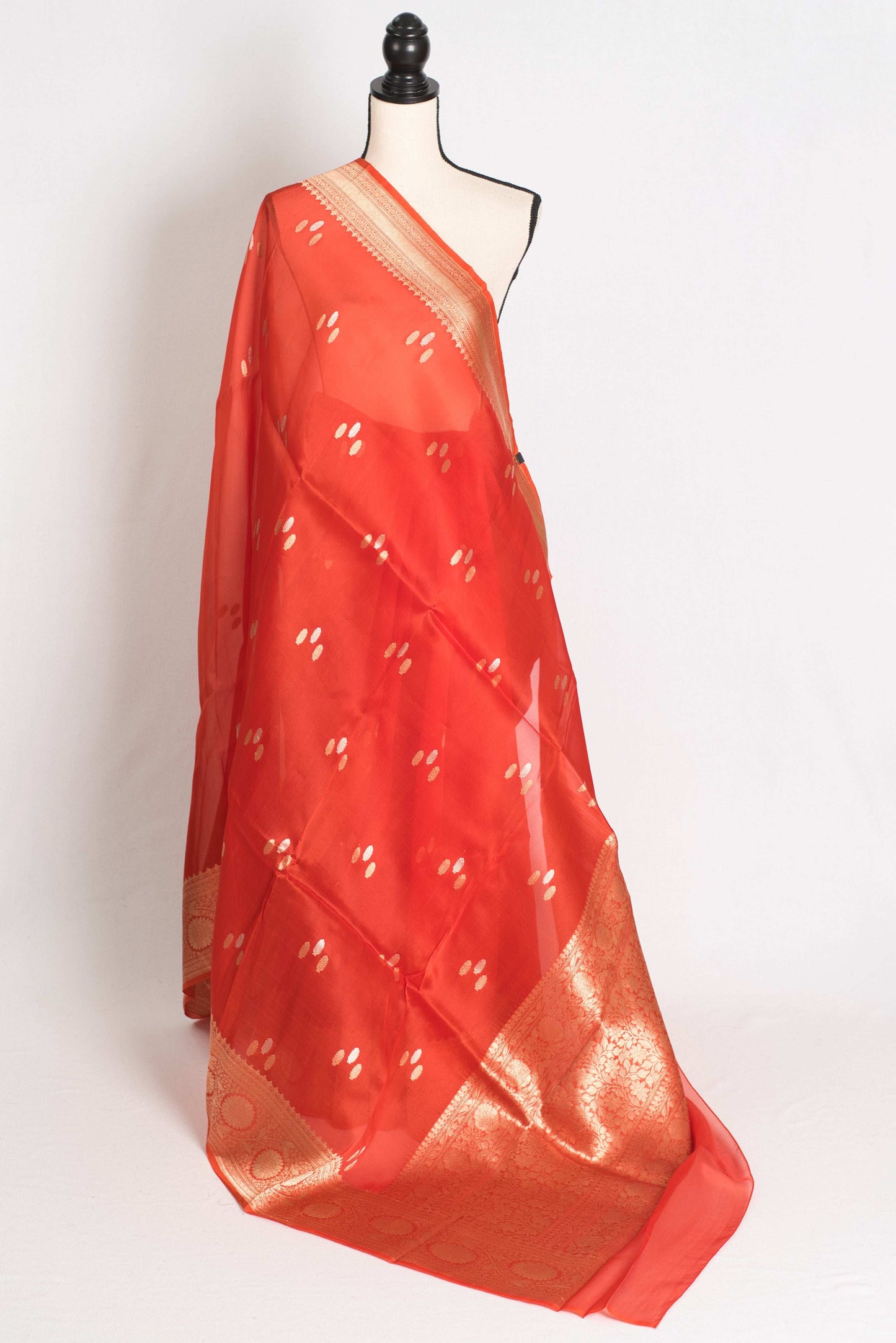 Ila : Silk Mark Certified Reddish Orange Organza Banarasi Saree with Golden Zari image 1