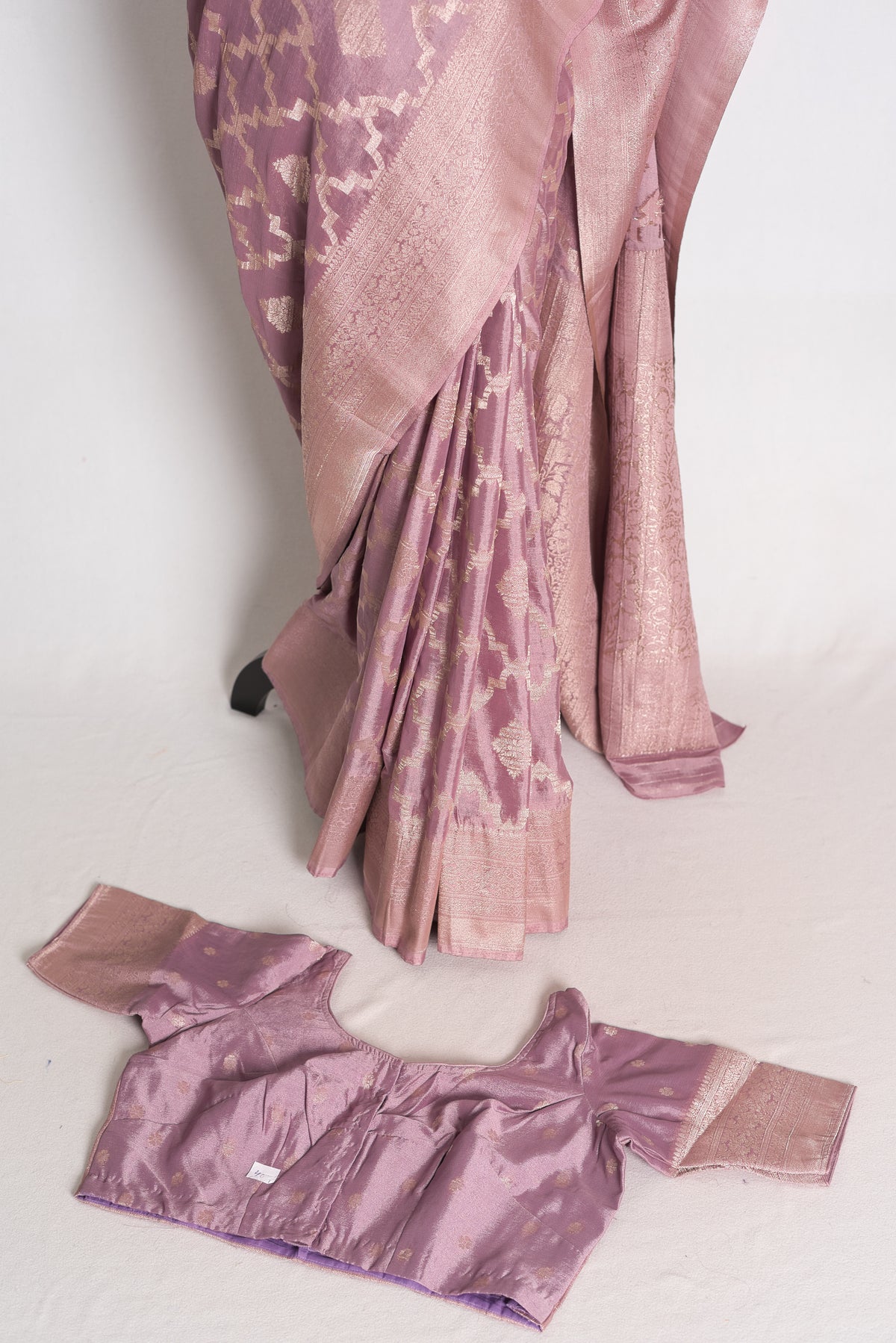Tithi: Mauve and Gold Semi Georgette Banarasi Saree with 40 Size Blouse image 1