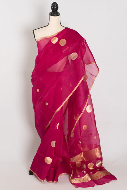 Aaliya | Hot Pink Kora Organza Banarasi Saree | Contemporary Gold Polka Dots image 0