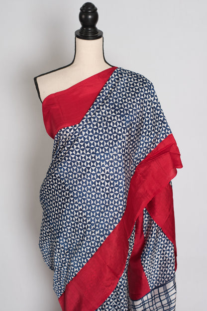 Arundhuti : Blue and Red Contemporary Hand Block Printed Murshidabad Silk Saree image 6