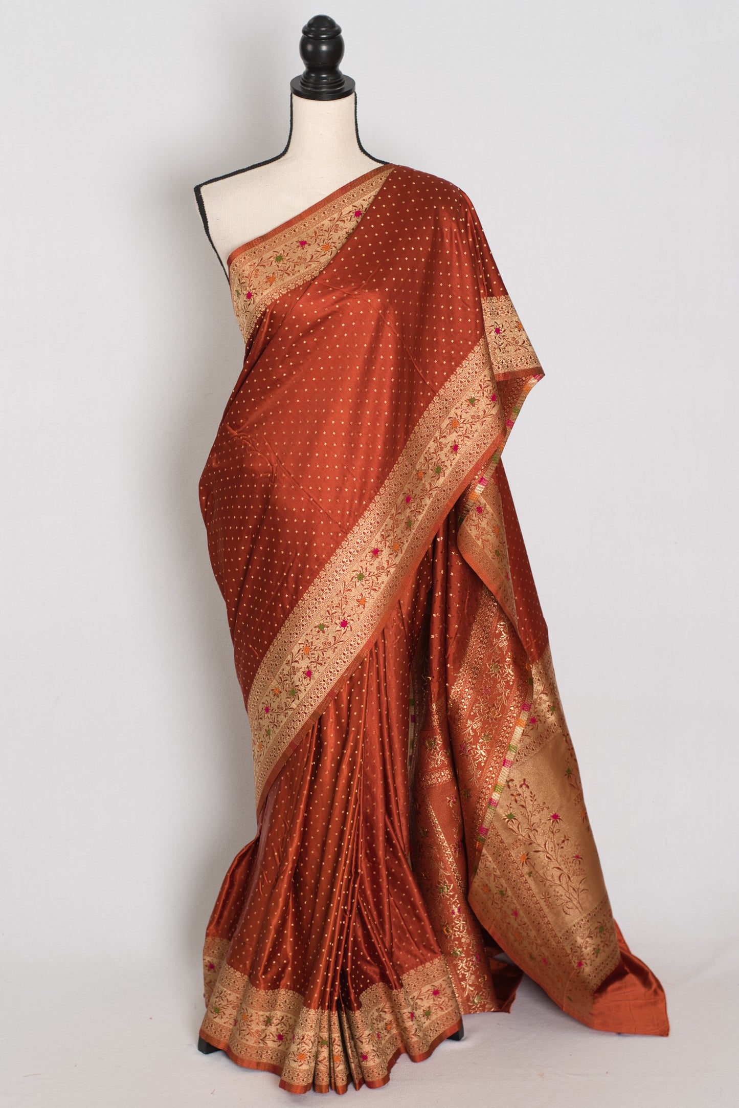 Nina | Rust Orange Semi Mashru Banarasi Saree | Pre-Stitched Size 40 Blouse image 0