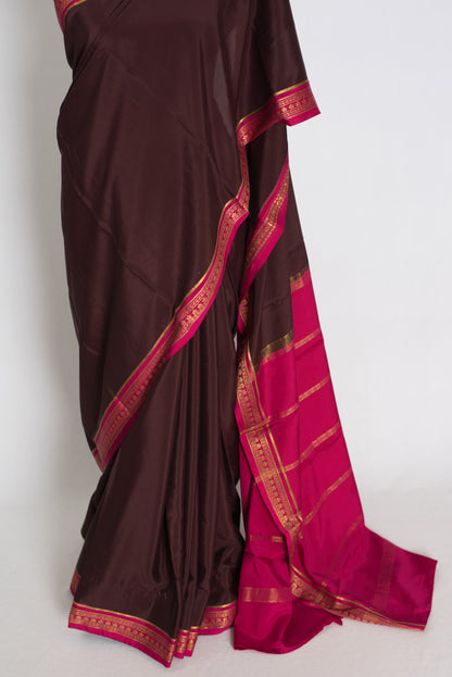 Devi : Brown and Pink Pure Mysore Crepe Silk Saree with 38 Size Stitched Blouse image 7