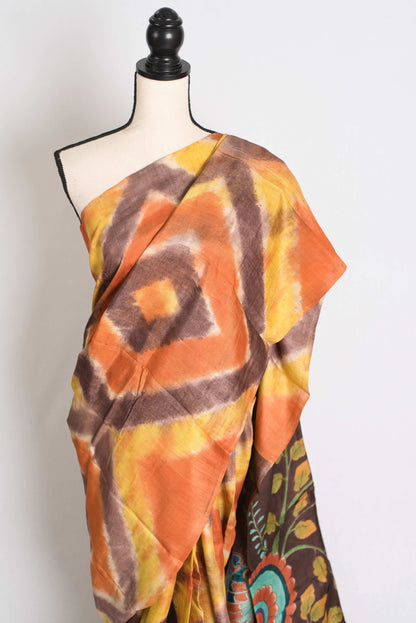 Madhura : Hand Painted Kalamkari Tussar Silk Saree with 36 Size Stitched Blouse