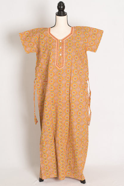 Pure Cotton Mustard Yellow Kalamkari Printed Long Nighty in Regular Size image 1