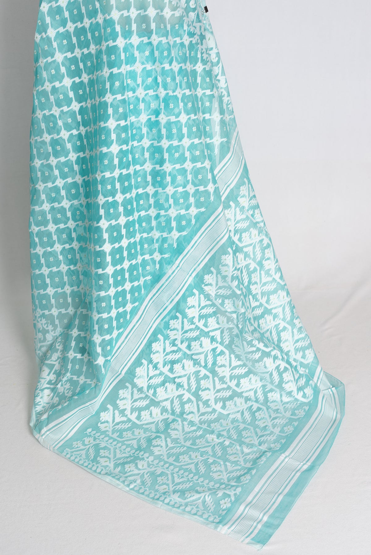 Turquoise Blue and White Jamdani saree — detail view