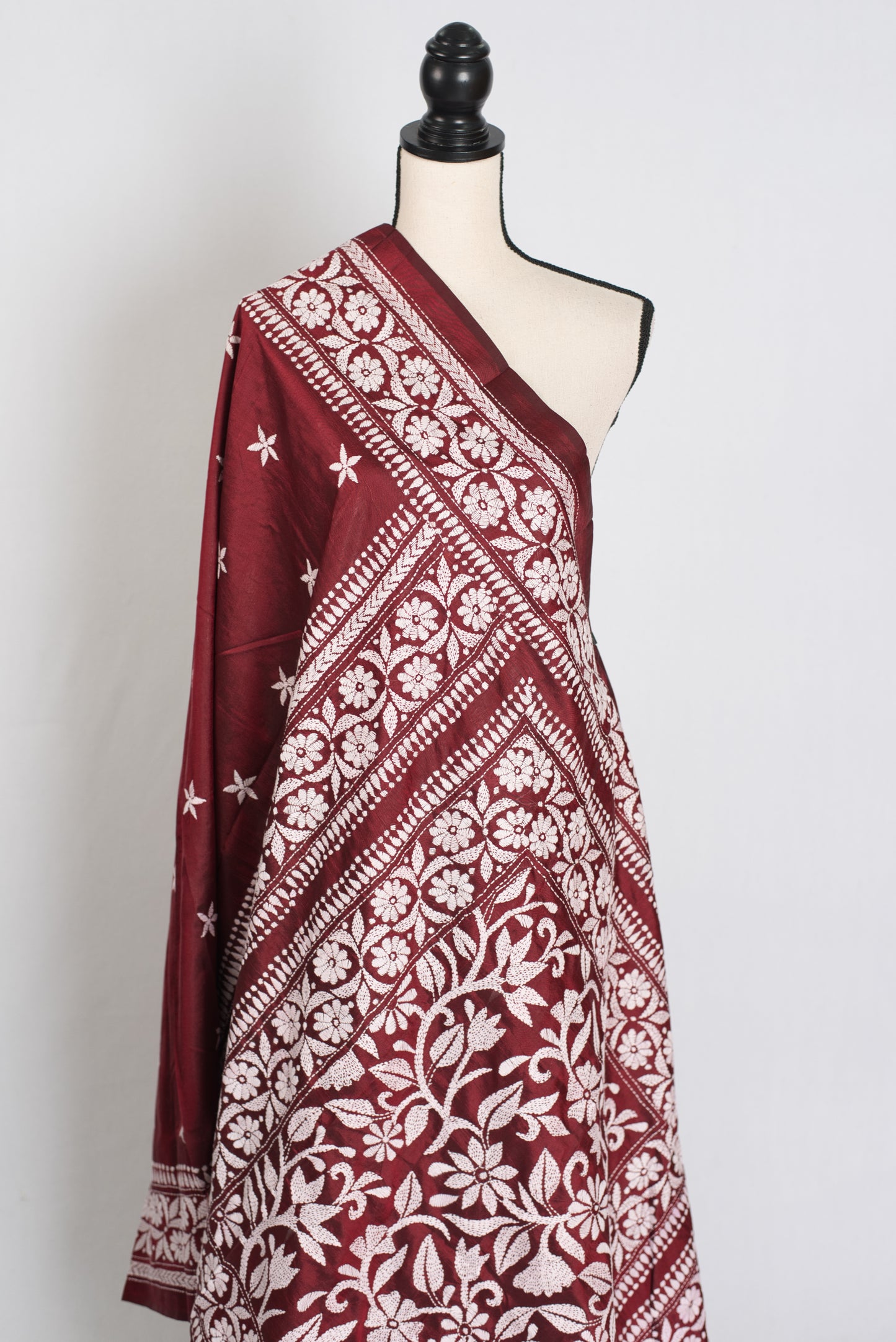 Sarini : Silk Mark Certified Maroon Hand Embroidery Kantha Stitch Silk Saree image 4