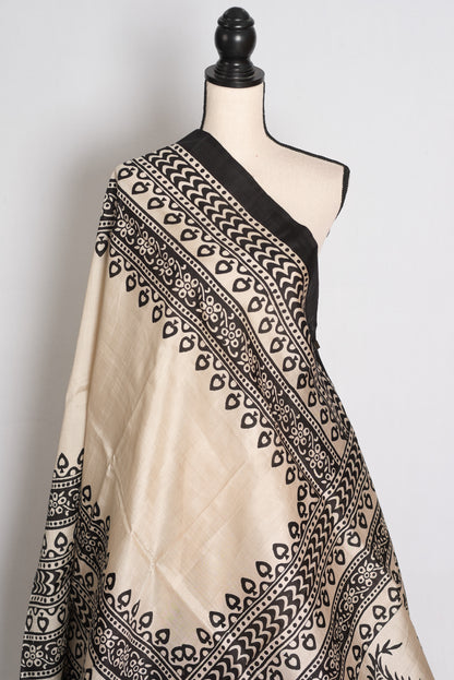 Nandini | Off-White & Black 3-Ply Murshidabad Block Printed Pure Silk Saree image 5