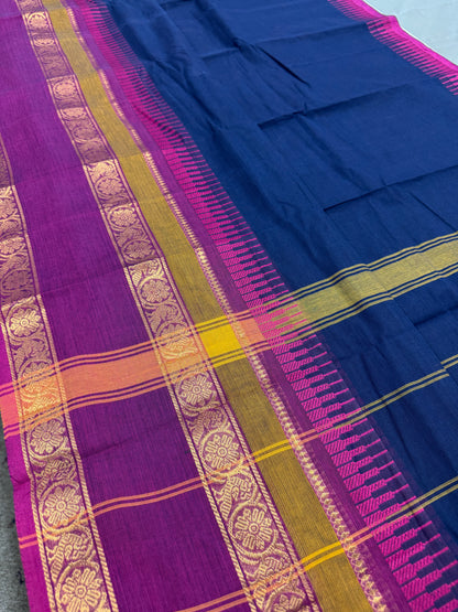 Meera : Handwoven Blue Cotton Kanjivaram Saree with Magenta Border image 3