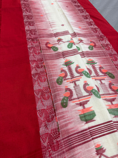 Devi : Off White and Red Soft Cotton Bengal Handloom Saree image 4
