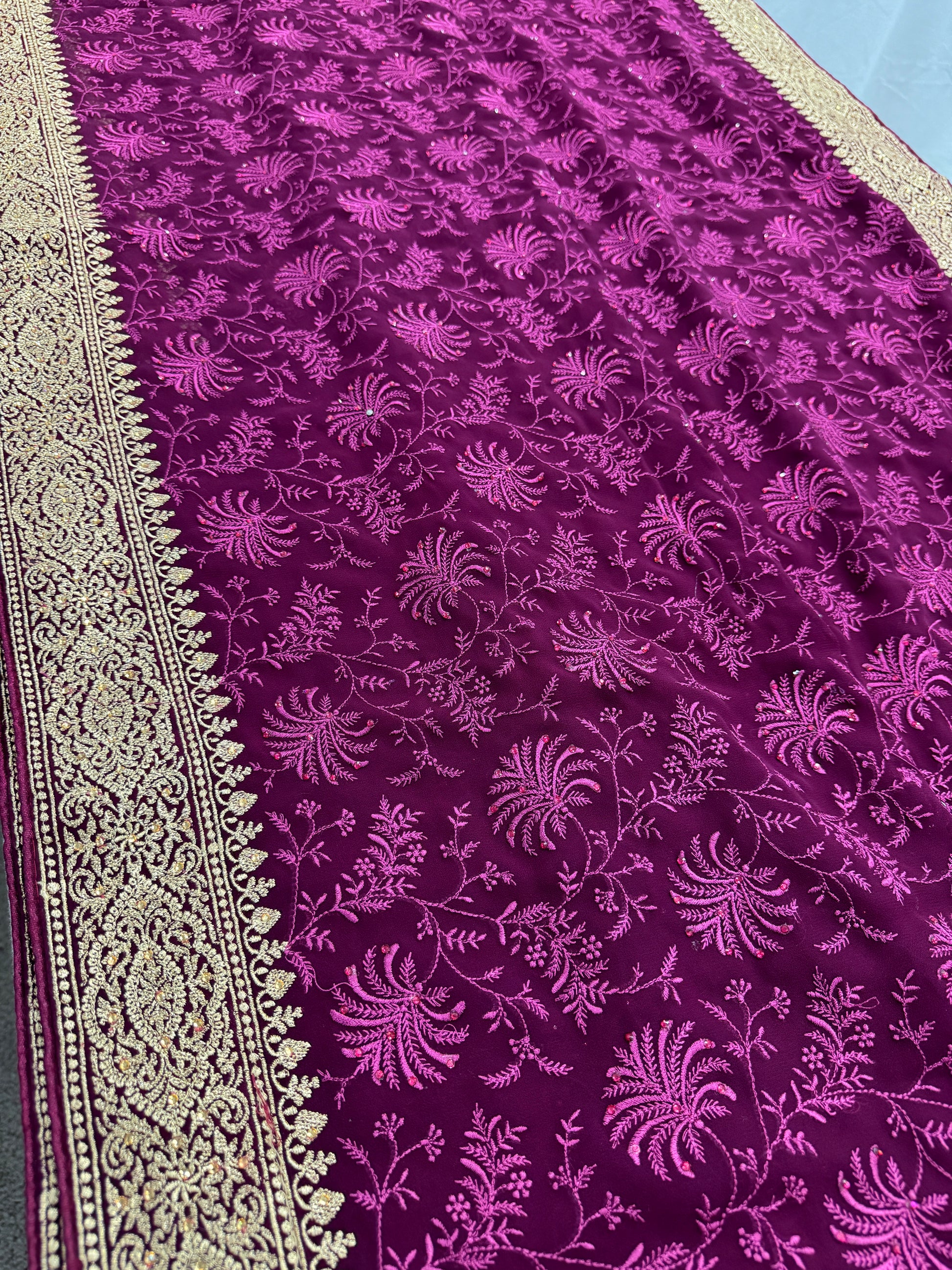 Ishq | Wine Georgette Partywear Saree | Trending Bollywood Floral Embroidery image 6